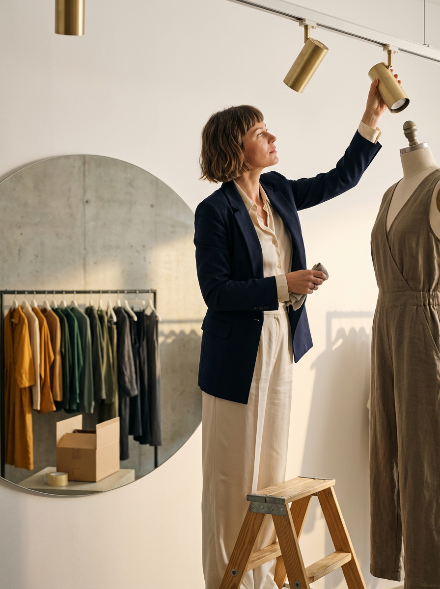 A woman adjusts a ceiling light fixture in a clothing store, standing beside a mannequin dressed in a beige outfit. The store has a round mirror on the wall reflecting a clothing rack with various colored garments.