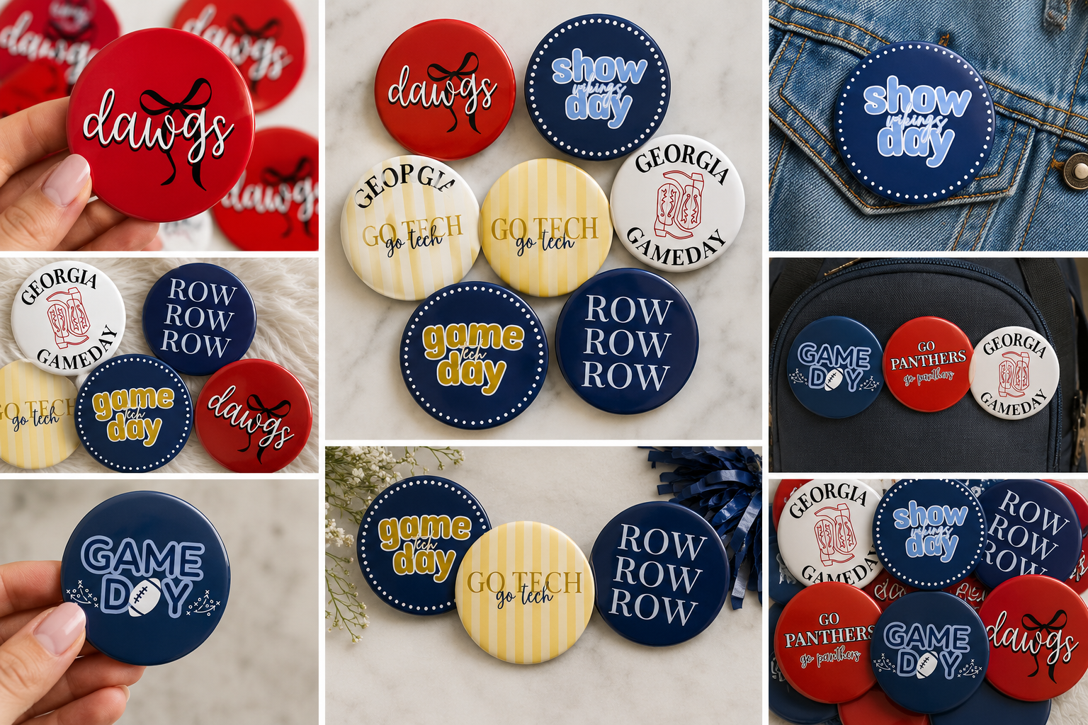 Collection of circular pins with school and sports themes, including phrases like 'Go Tech,' 'Game Day,' 'Row Row Row,' 'Show Your Day,' 'Georgia Gameday,' 'DaWgs,' and 'Go Panthers' in red, blue, white, and yellow colors.