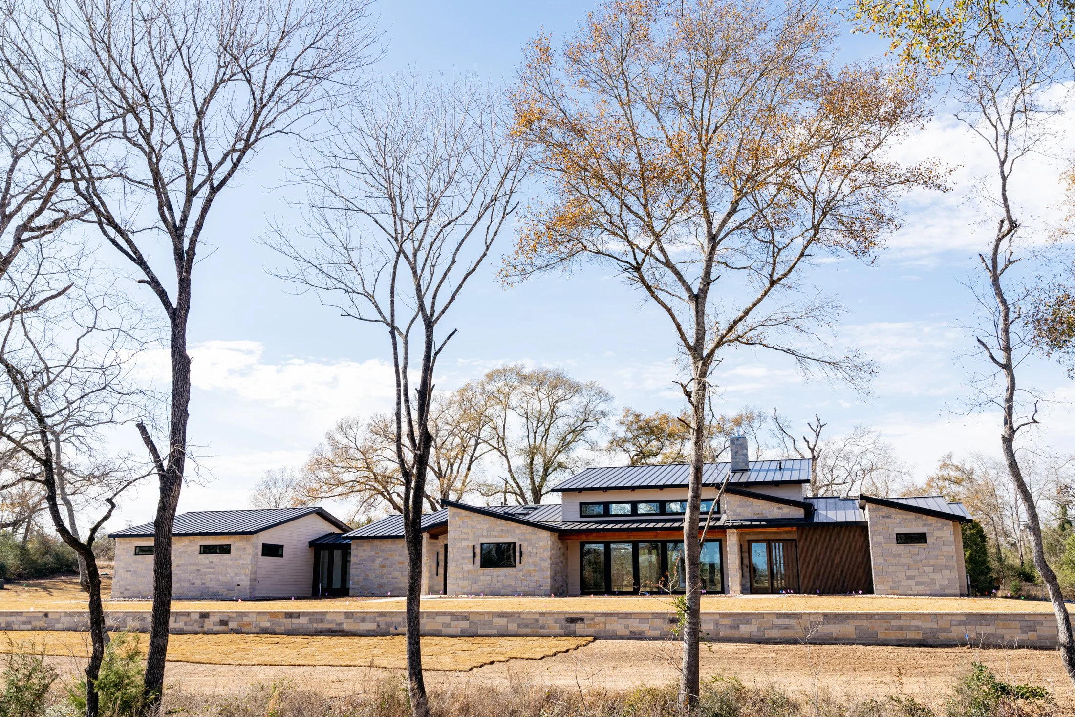 Modern house with black roof and large windows, surrounded by leafless trees, set against a blue sky with some clouds.