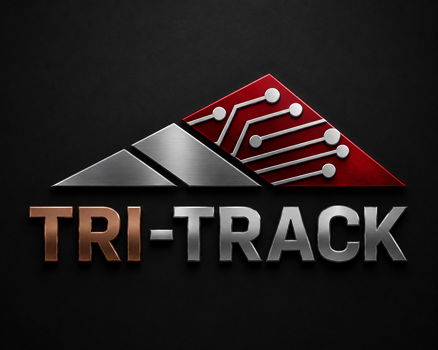 A logo with a stylized mountain composed of two silver triangles, the right triangle has a red background with white lines and circles resembling a circuit. Below it, the text reads "TRI-TRACK" in metallic letters, with "TRI" in bronze and "TRACK" in silver.