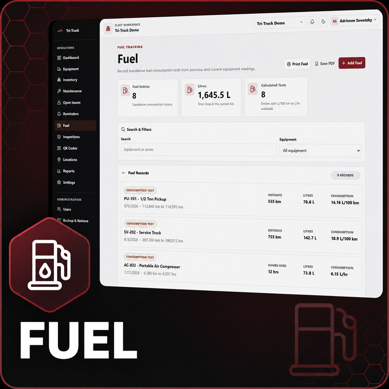 Dashboard screen showing fuel tracking data, including fuel entries, liters, calculated tests, and fuel consumption records with icons and filters.