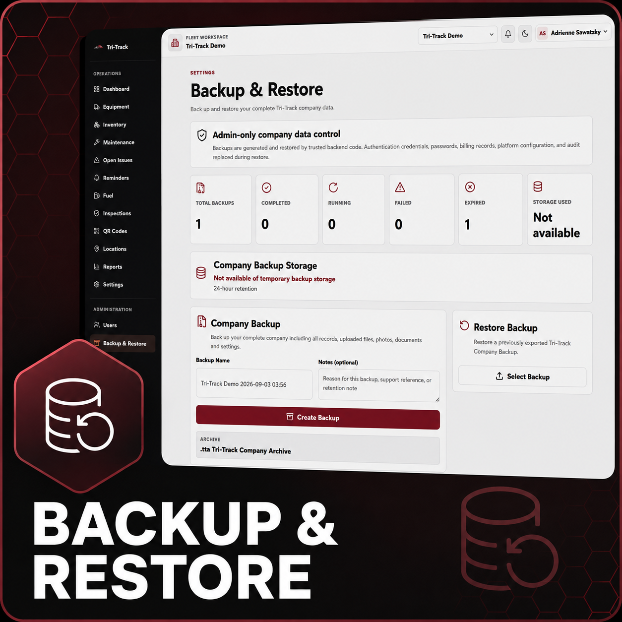 Screenshot of a computer screen displaying a backup and restore interface for company data, with options for creating and restoring backups, and details about backup status and storage.