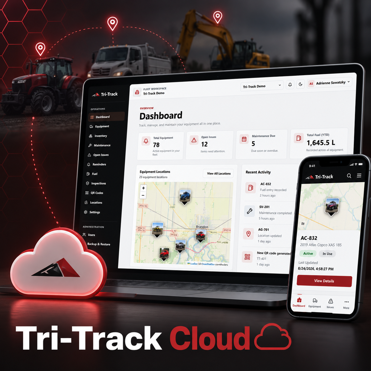 A digital dashboard on a laptop and a smartphone shows equipment management software called Tri-Track Cloud. The background features construction and farming vehicles, including a tractor, a truck, and an excavator, with various location markers and a digital map indicating equipment locations. The image also includes a cloud icon with a mountain symbol, denoting cloud storage.