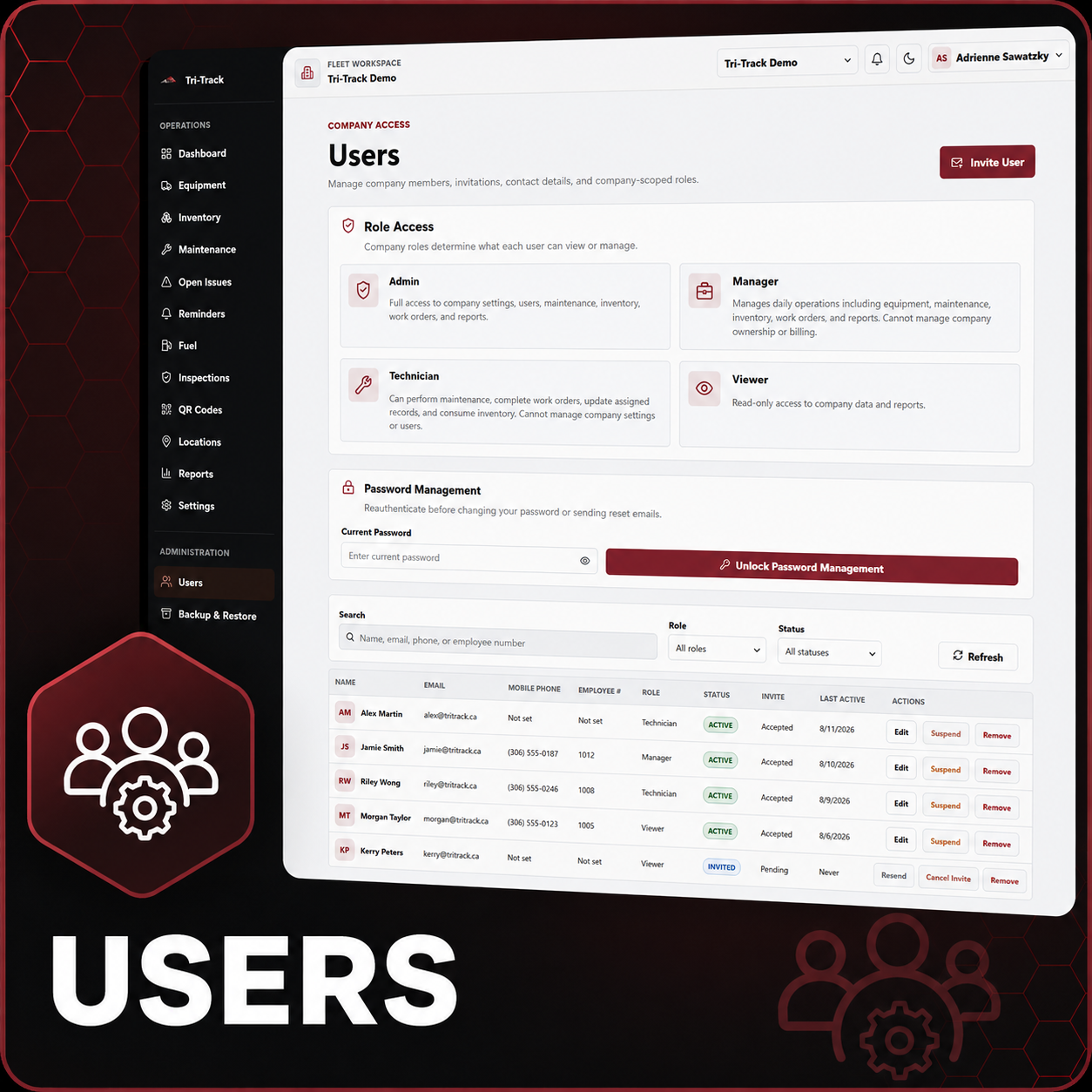 Screenshot of a user management page within a fleet management software interface, showing user roles and details, with a sidebar menu and a large 'USERS' label at the bottom left.