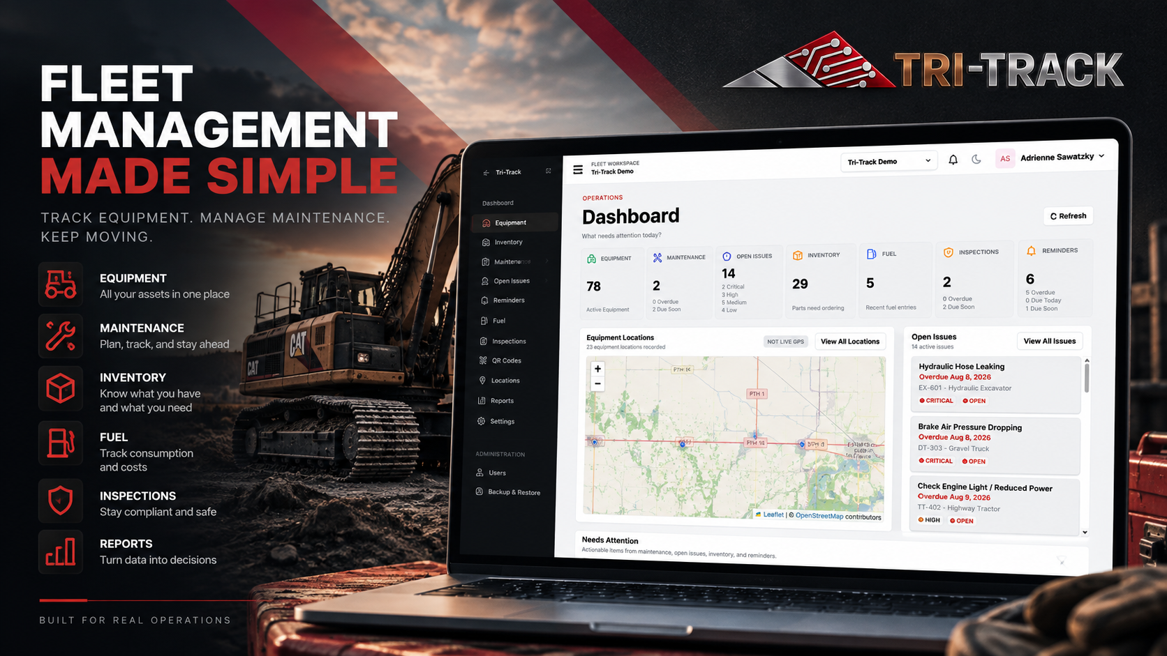 A promotional image of fleet management software on a laptop screen with an excavator in the background. The software dashboard displays equipment status, location map, and maintenance issues, with text highlighting ease of fleet management.