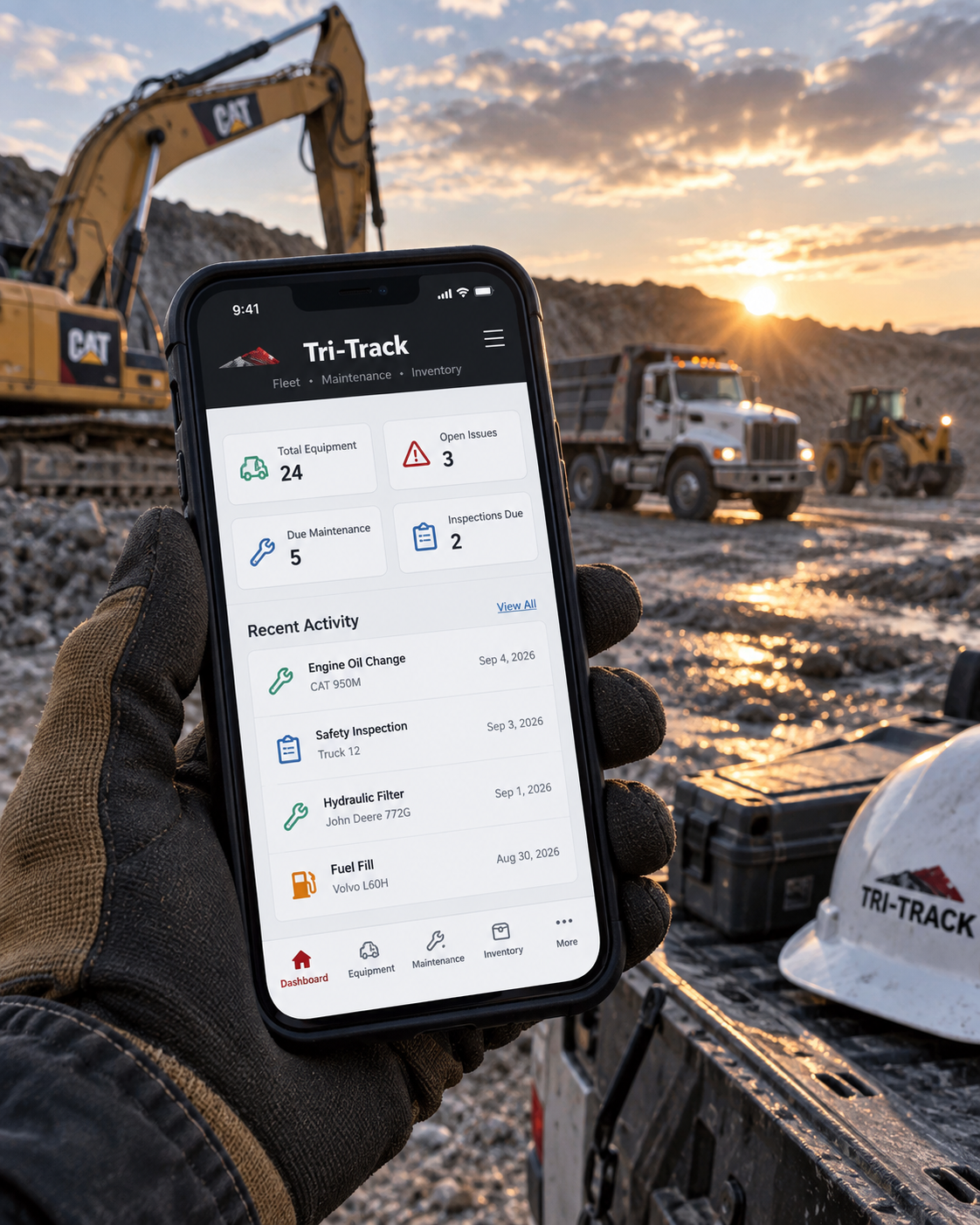 Person holding a smartphone displaying a fleet management app called Tri-Track with information on equipment, maintenance, and issues at a construction site with heavy machinery during sunset.