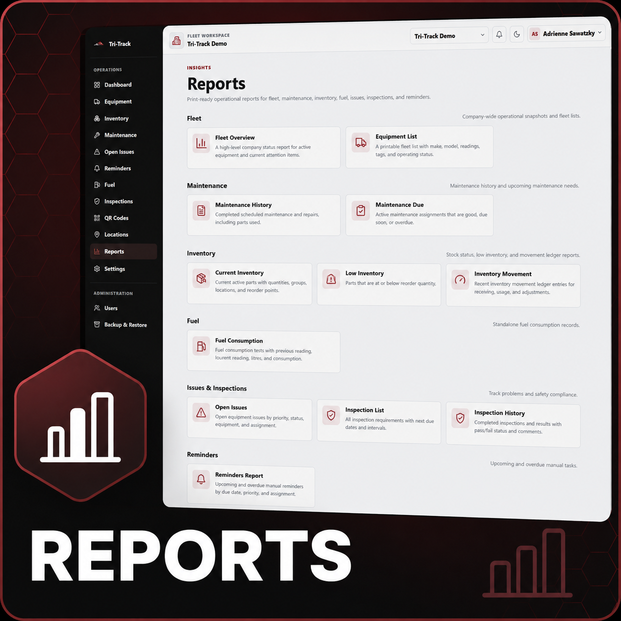 Screenshot of fleet management software app displaying reports menu with options for fleet, maintenance, inventory, fuel, issues and inspections, and reminders.