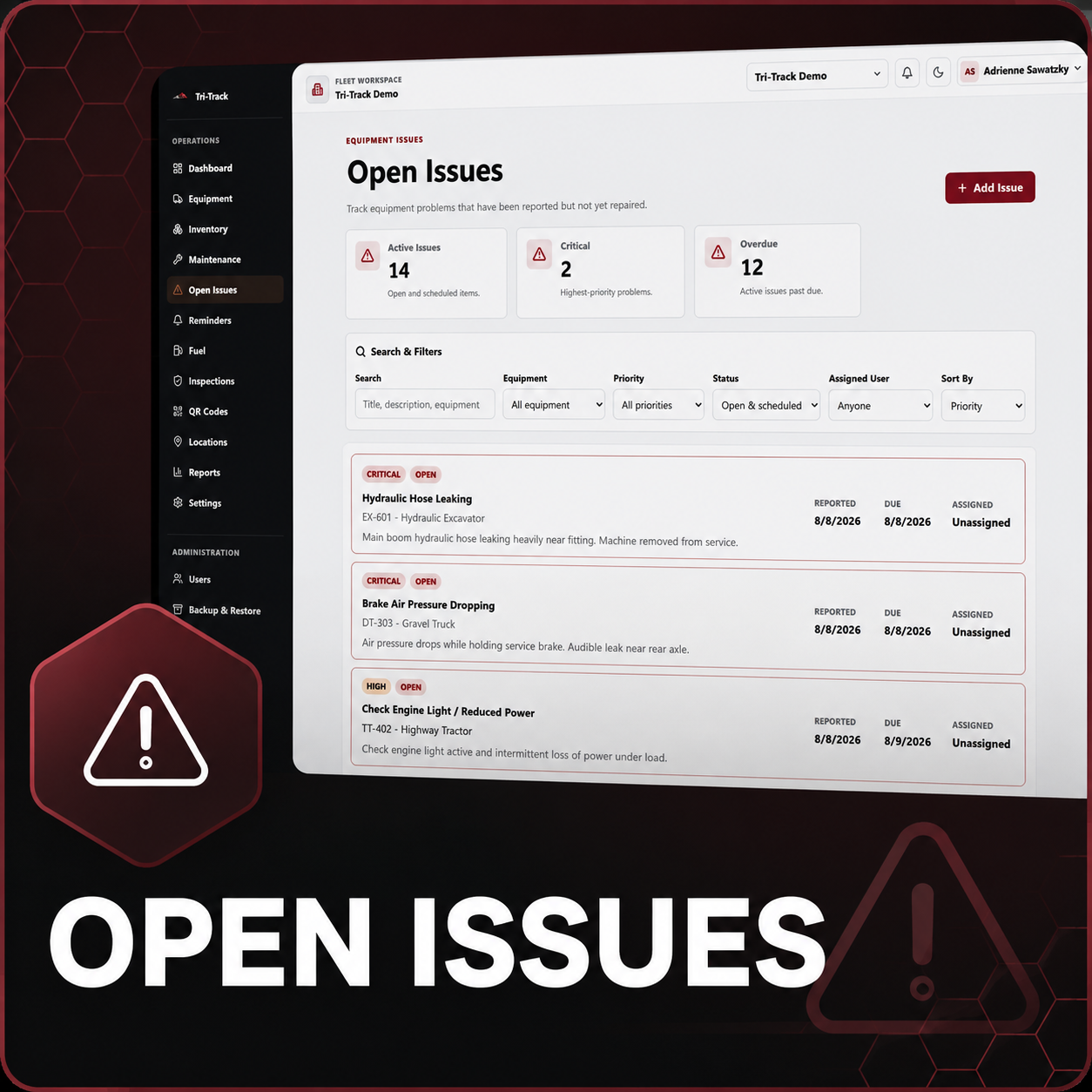 Computer screen displaying fleet management software with open issues for equipment problems, including hydraulic hose leaking, brake air pressure dropping, and check engine light. Large red warning icons and the text 'Open Issues' are visible.