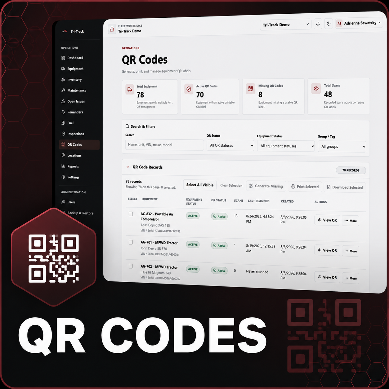 Screenshot of a software dashboard for managing QR codes for equipment, showing totals, search filters, and a list of QR code records with status and actions, with a QR code graphic on the left side.