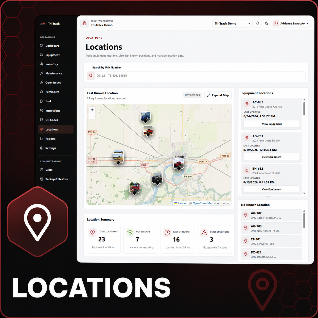 Screenshot of a fleet management dashboard showing equipment locations on a map, including icons for various vehicles, with details on equipment status and recent updates, set against a black and red themed interface.