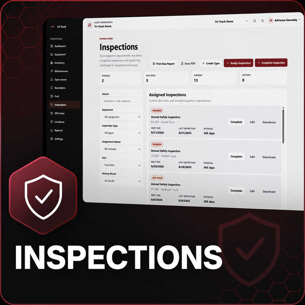 Screenshot of a fleet management software interface showing inspection records, including details such as inspection type, equipment, due dates, and status. The background is dark with a red honeycomb pattern and a white checkmark shield icon in the 