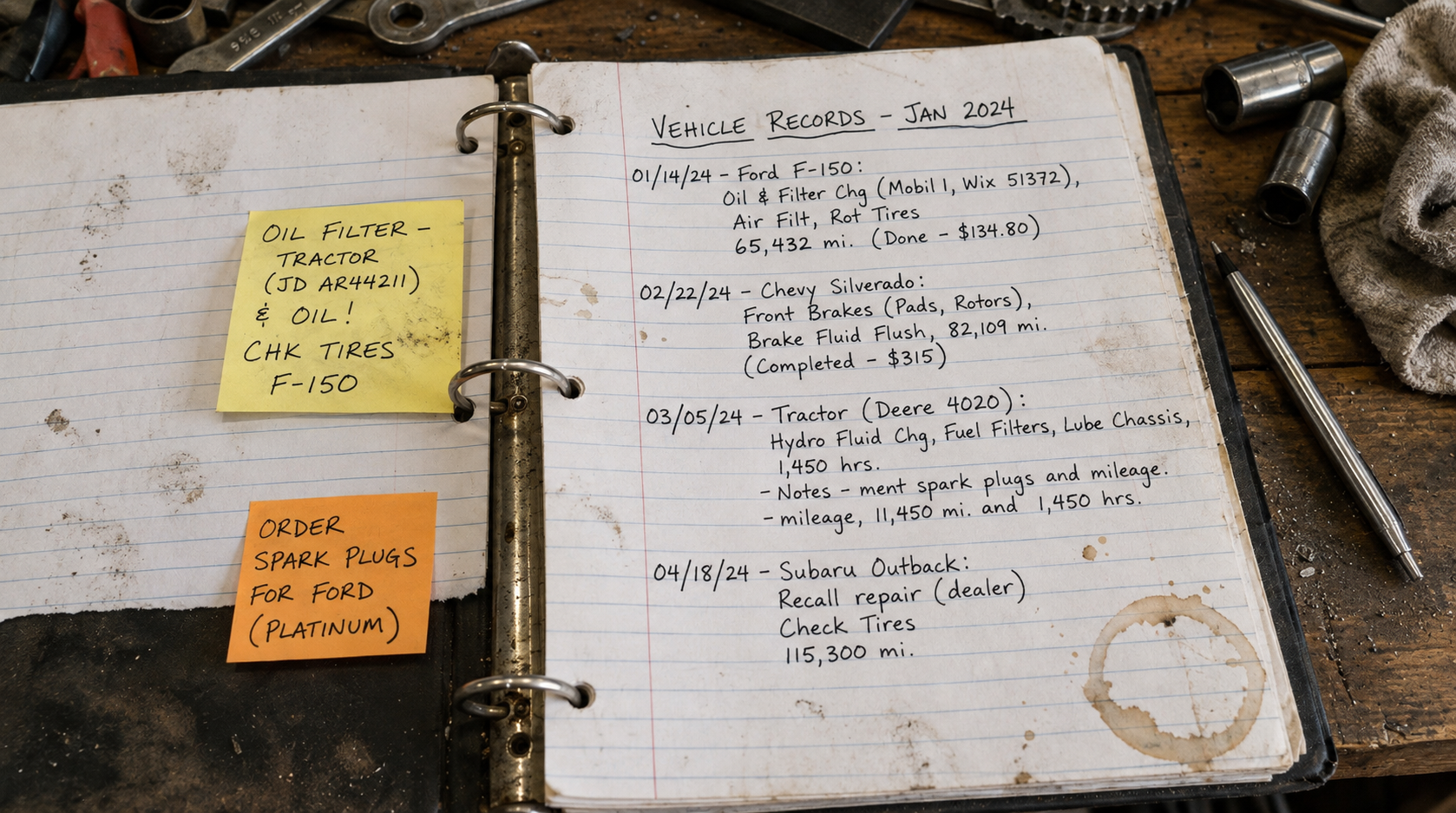 A handwritten vehicle maintenance log on a notebook page with dates, vehicle types, and services performed, surrounded by tools and workbench materials.