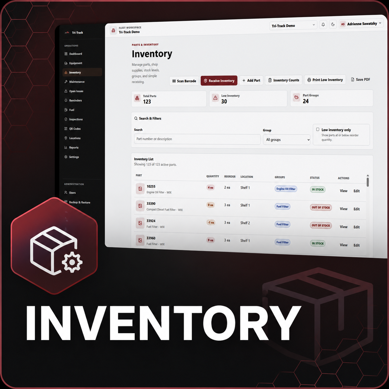Screenshot of an inventory management software dashboard showing parts, quantities, locations, and stock status.
