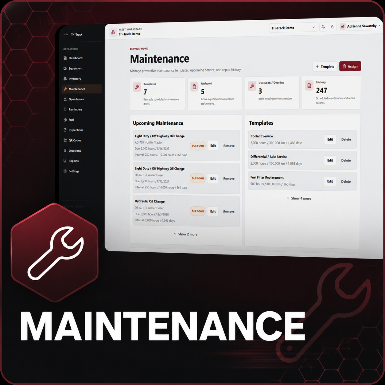 Computer display showing vehicle maintenance management software with sections for maintenance tasks, upcoming work, and templates, on a dark red and black background with a wrench icon and the word 'Maintenance'.