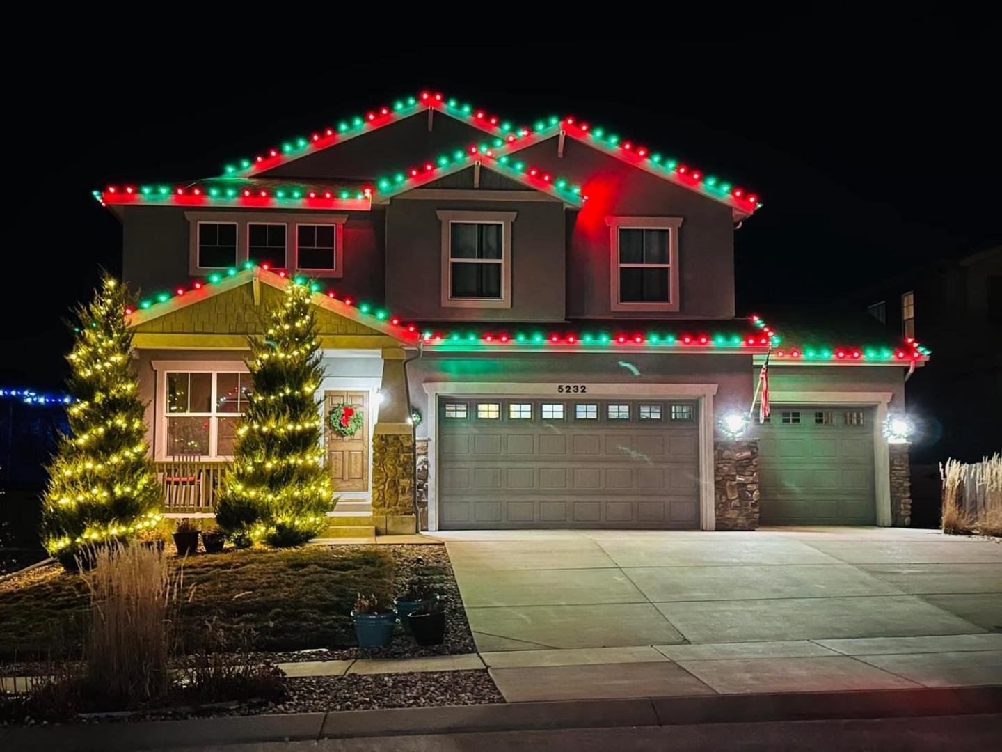 warm white, green and red Christmas lights on landscape trees, bushes and shrubs.