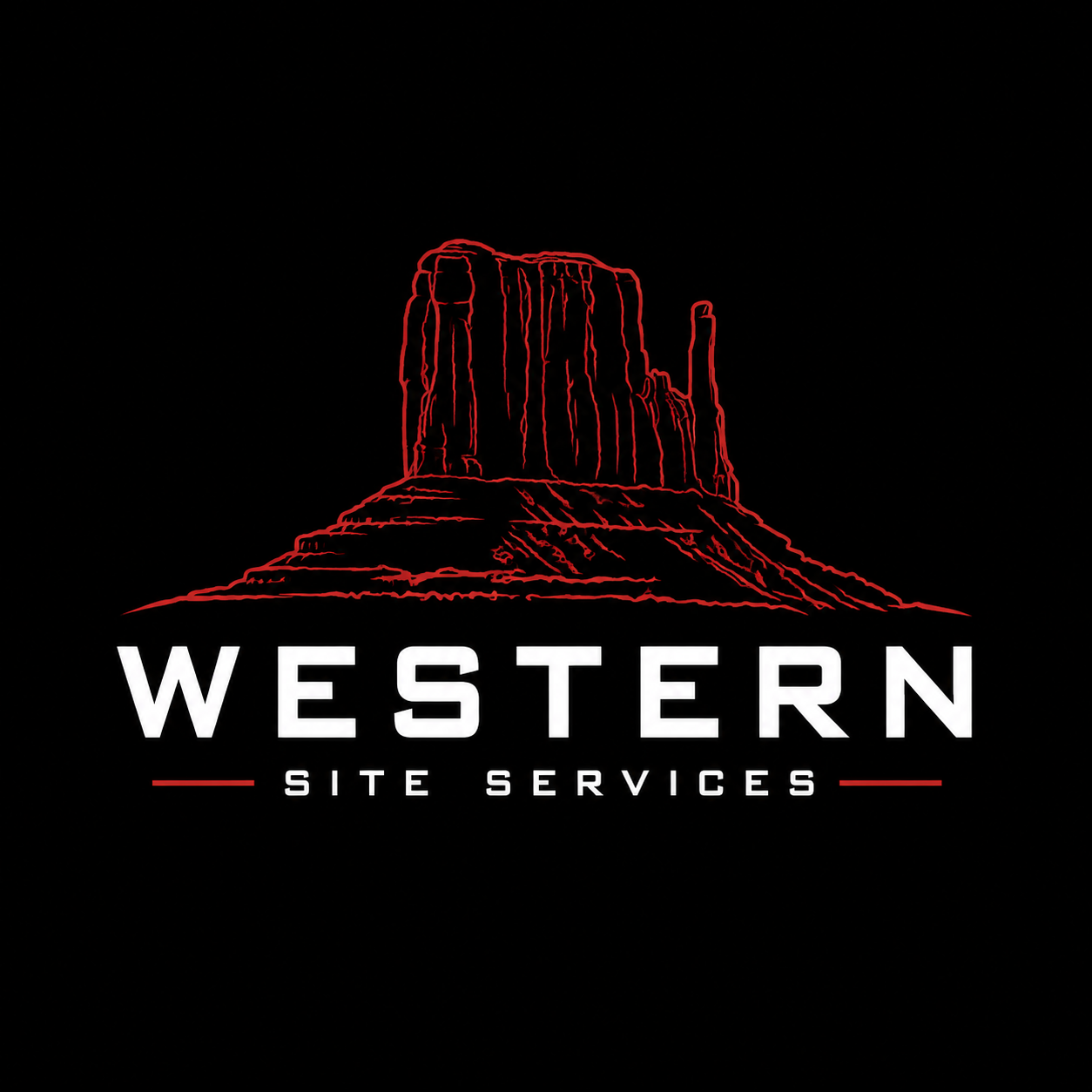 A logo for Western Site Services featuring a red outline of a desert mountain formation on a black background, with the words 'WESTERN' in large white letters and 'SITE SERVICES' in smaller white letters below, flanked by red lines.