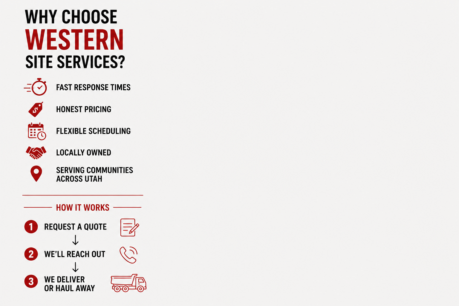 Information poster for Western Site Services listing benefits like fast response times, honest pricing, flexible scheduling, being locally owned, and serving communities across Utah. The poster also explains the process: request a quote, reach out via phone, and delivery or haul away.