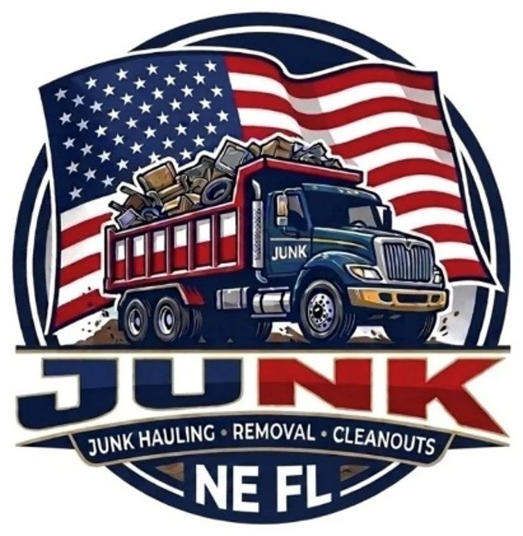 Illustration of a junk truck with an American flag in the background, and text that reads 'JUNK NE FL' with services listed as junk hauling, removal, and cleanouts.