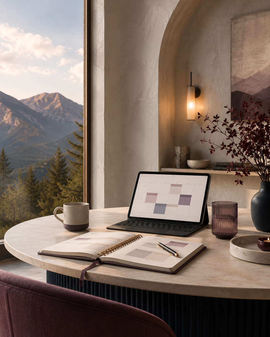 A workspace in a cozy room with a large window showing mountains and trees. On a round marble table, there is an open planner, a pen, a tablet with a keyboard, a mug, a purple glass, a stone dish, and a vase with dark red branches.