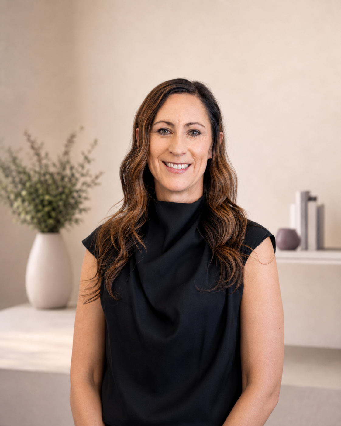 Kim Smith, founder of Merope, smiling in a neutral-toned room.