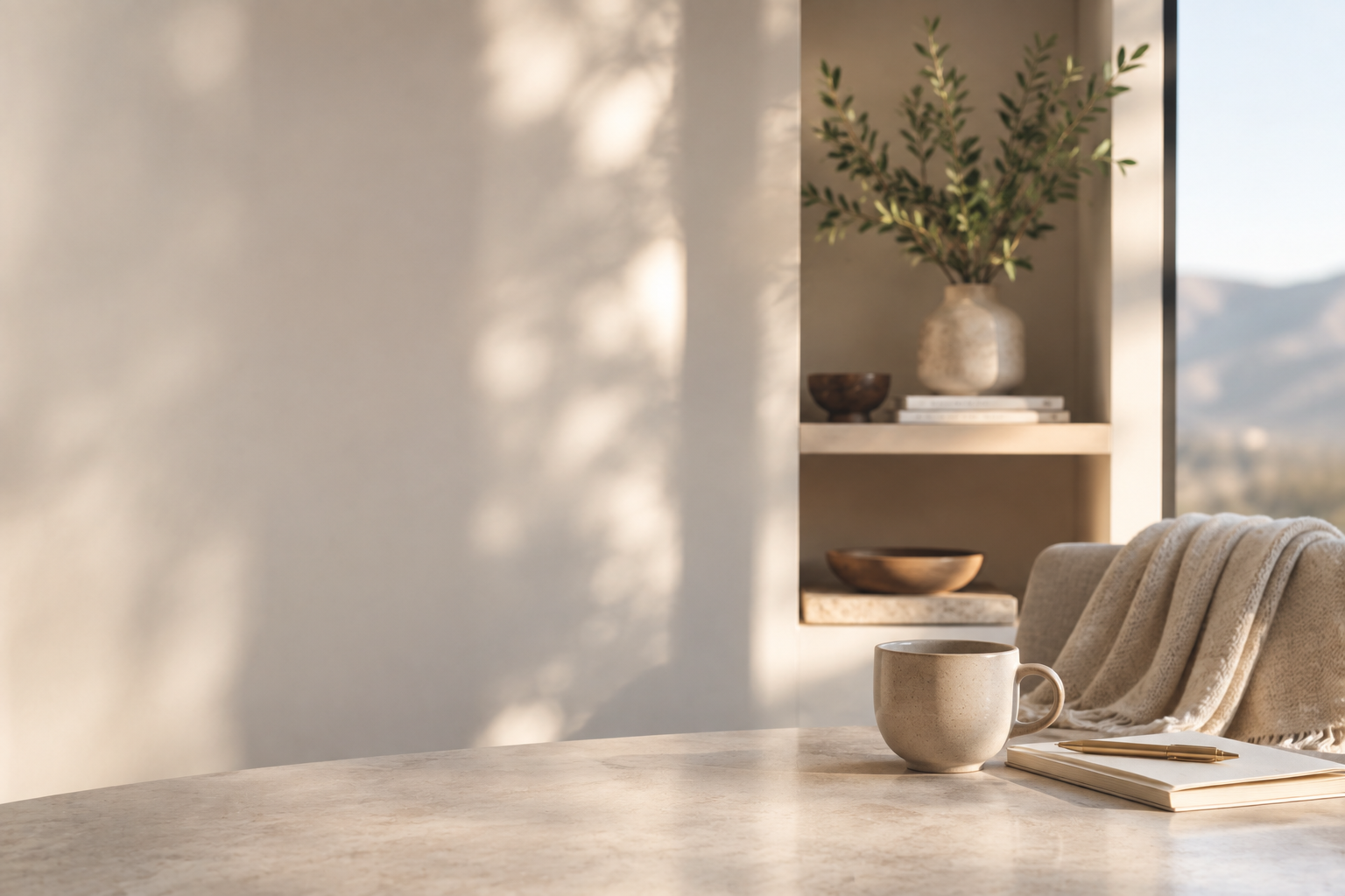A mug, notebook, and pen on a table in a sunlit room.