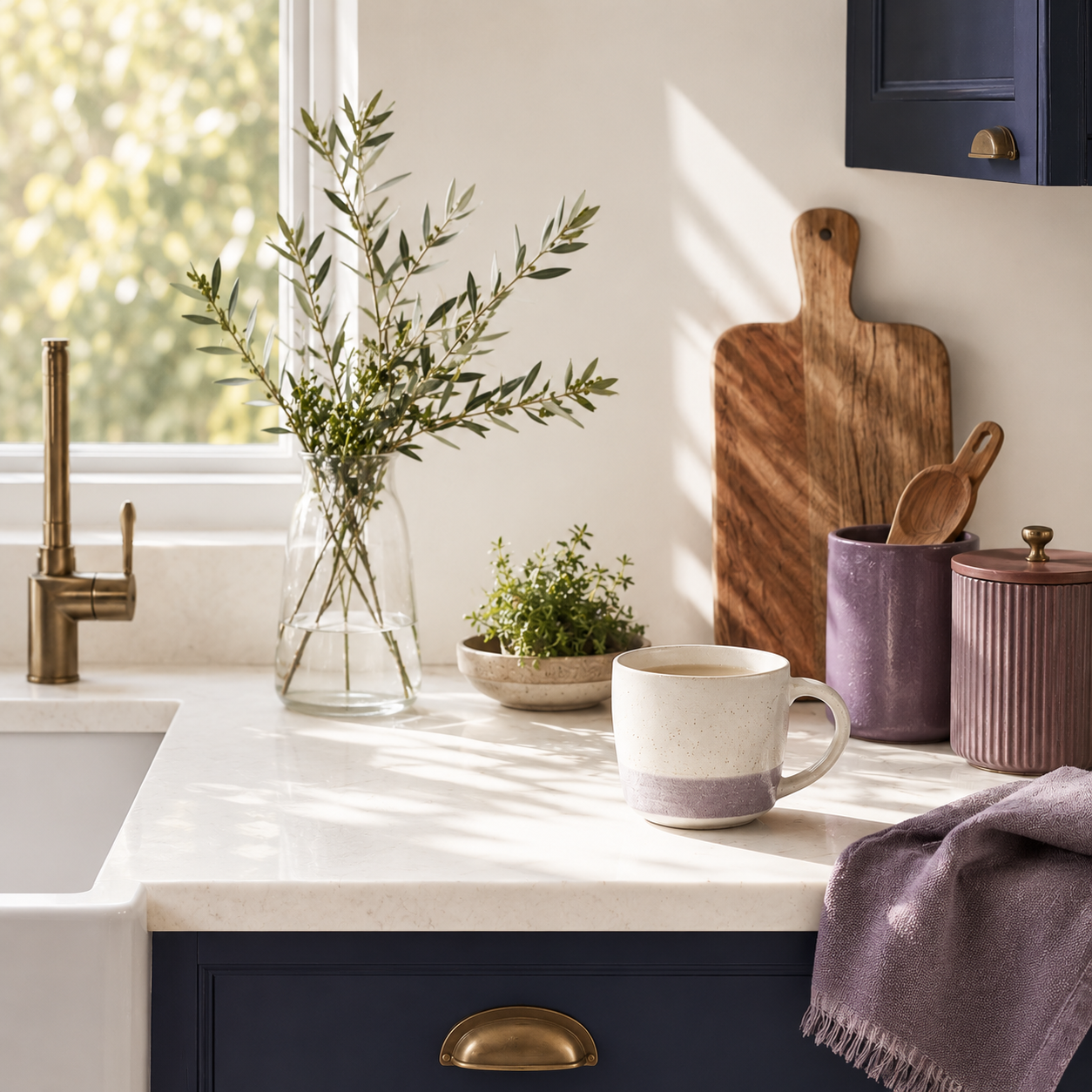 Kitchen counter with fresh herbs and a ceramic mug.