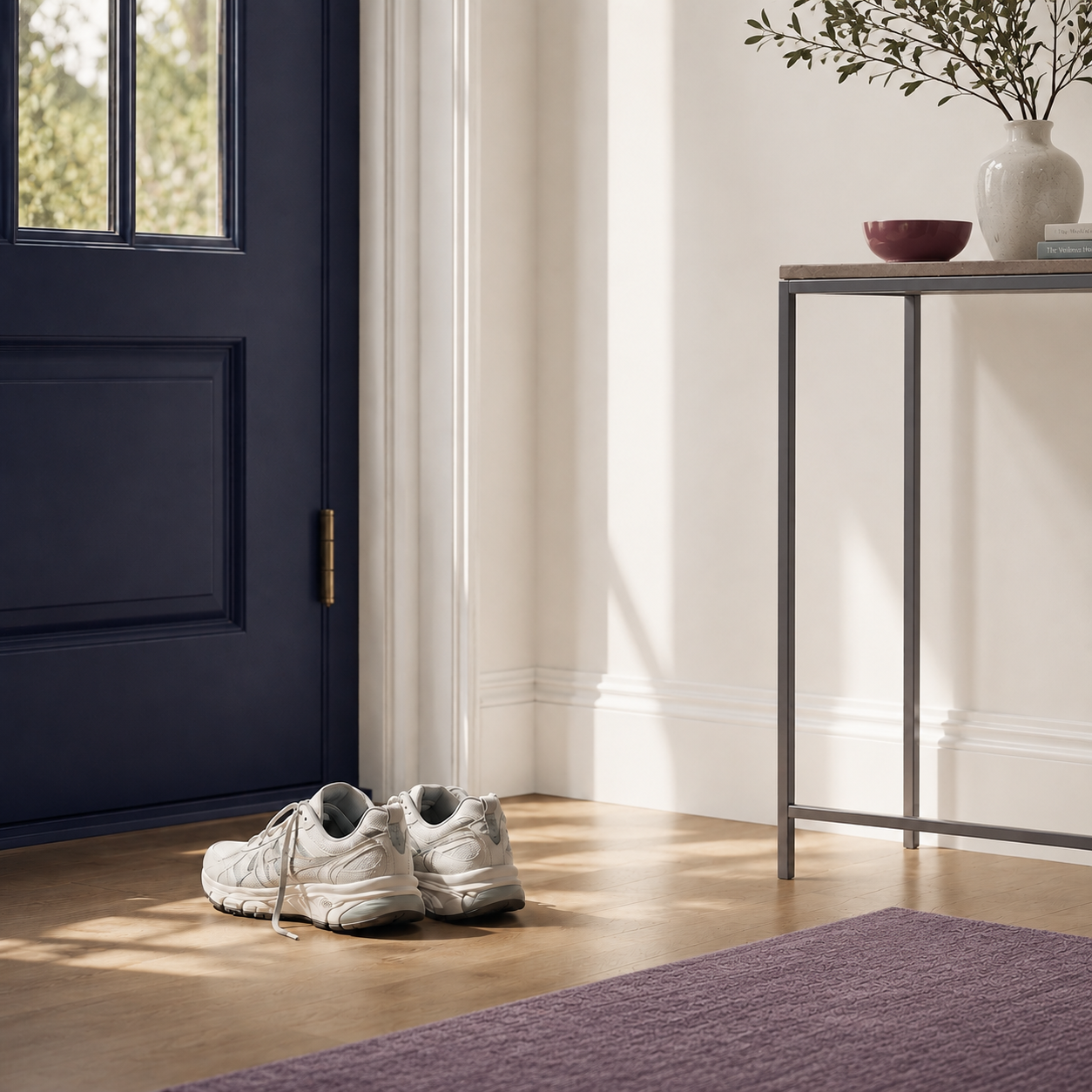 White sneakers on a hardwood floor by the front door.