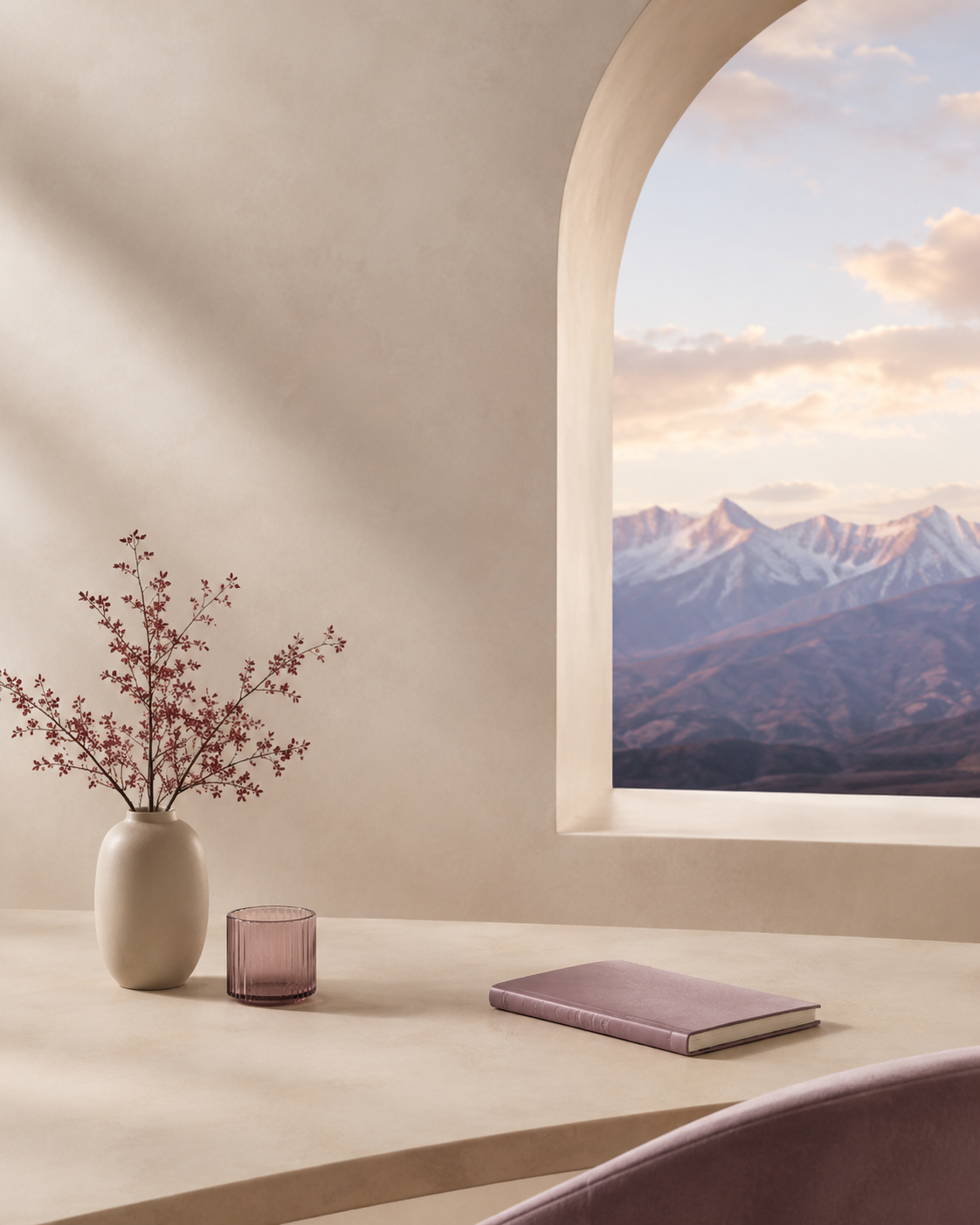 A minimalist interior scene with a beige table, a pink book, a pink glass, and a cream vase with pink branches, set against a light beige wall and a large arched window showing snow-capped mountains and a cloudy sky.