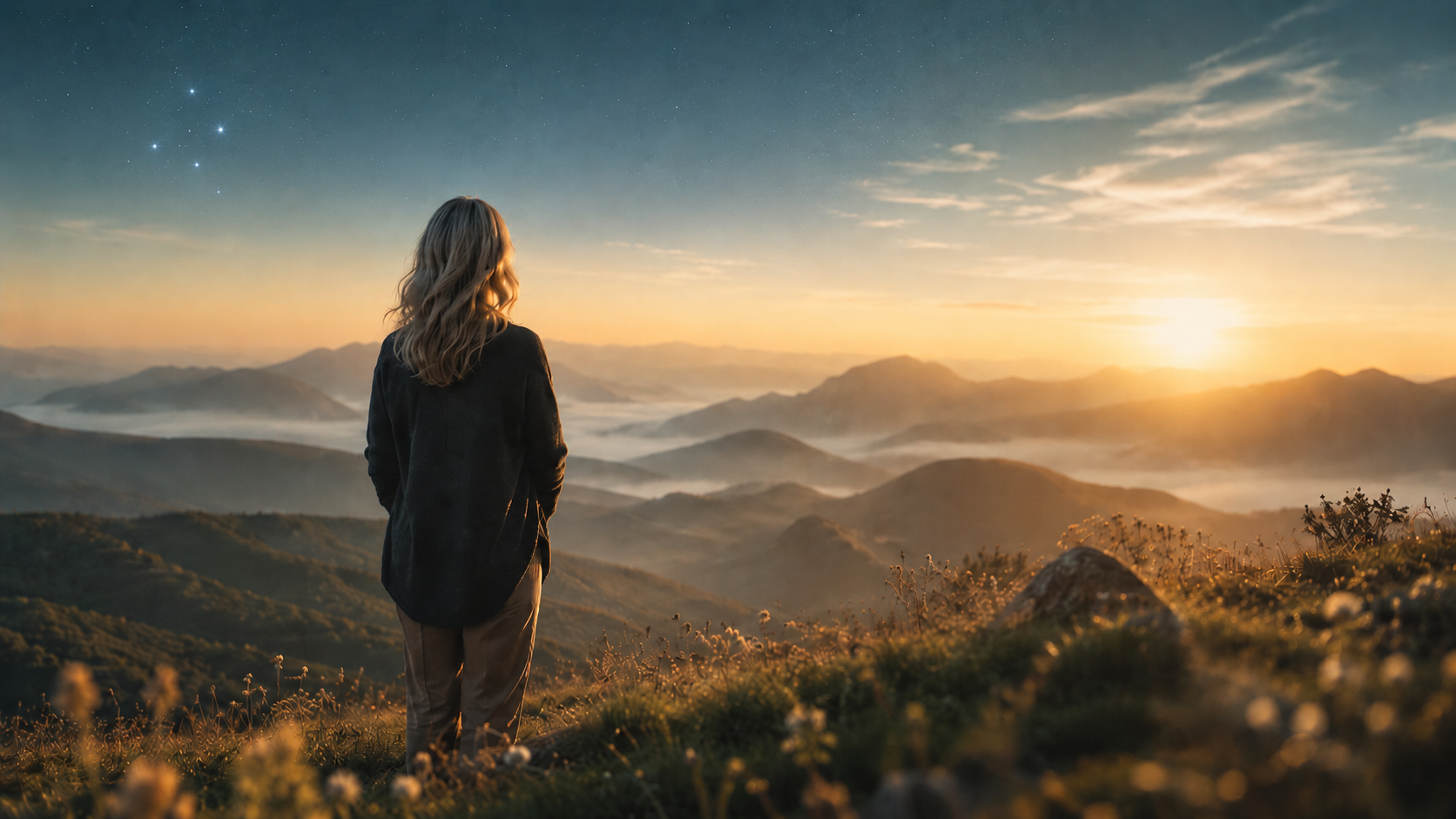 Person standing on a mountain at sunrise, overlooking the valley below.