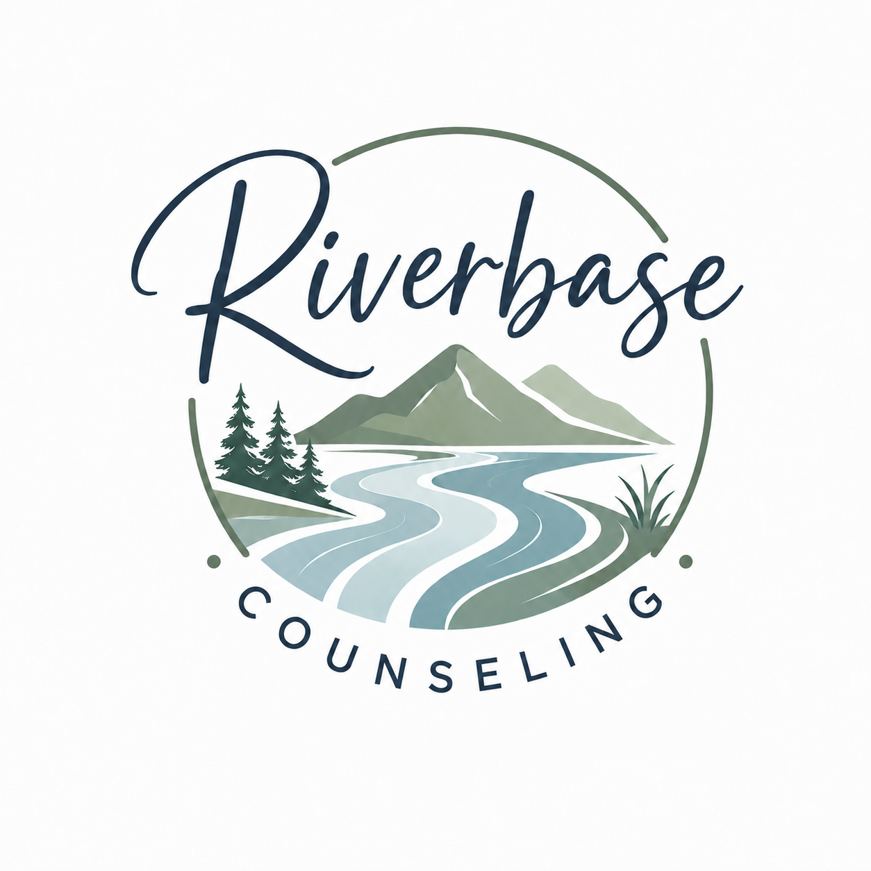 Logo for Riverbase Counseling featuring mountains, a winding river, pine trees, and a plant, with the text "Riverbase" and "Counseling".