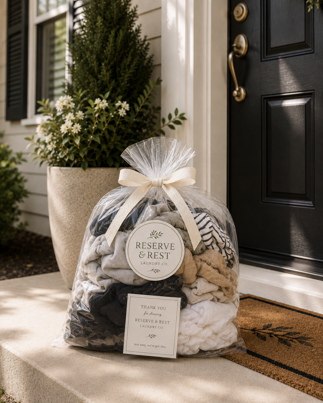 Clear plastic bag filled with various folded clothes in neutral and striped colors, tied with a beige ribbon, with a tag that reads "Reserve & Rest Laundry Co." on the front, placed on a porch step near a potted plant with white flowers and a black front door.