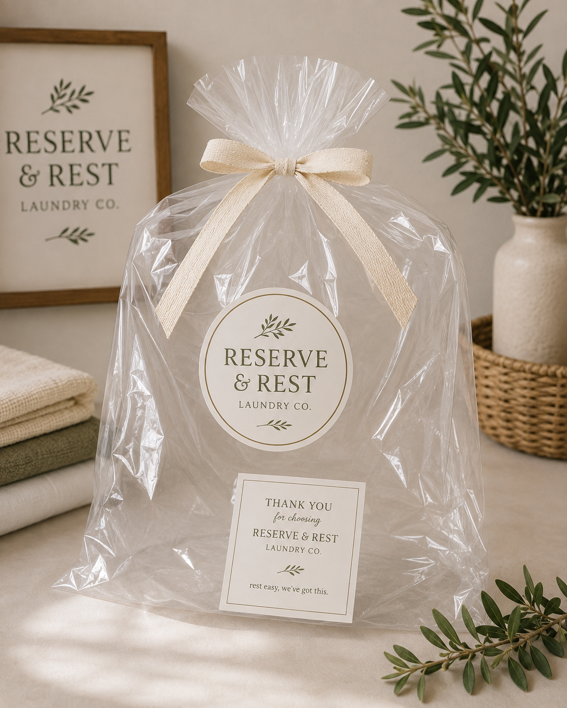 A clear gift bag with a beige ribbon tied at the top, containing branded merchandise from Reserve & Rest Laundry Co., placed on a beige surface with folded towels, a framed print, and a potted plant in the background.