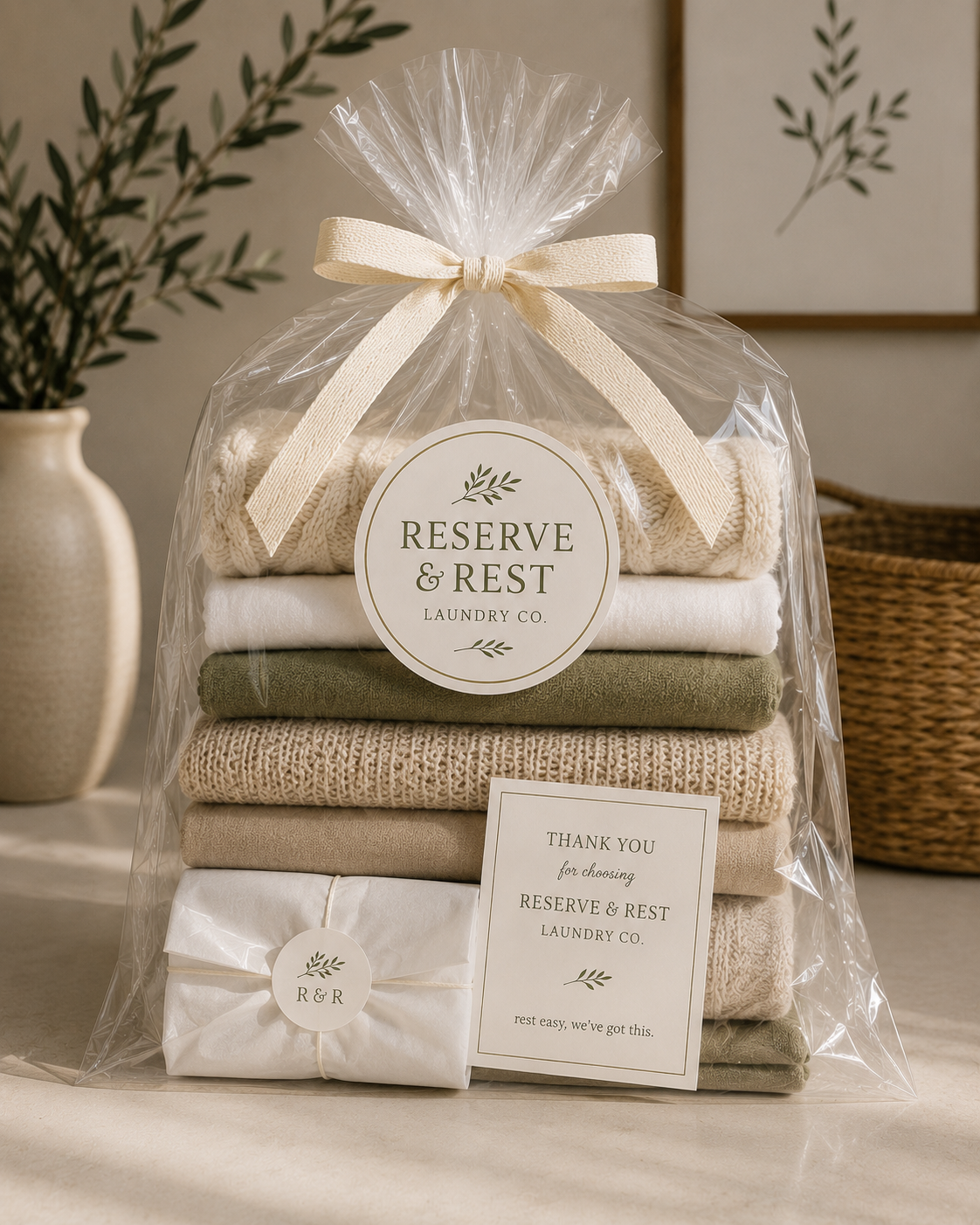 Stacked folded laundry wrapped in clear plastic with a beige ribbon, featuring a round label with the words 'Reserve & Rest Laundry Co.' and a small leaf illustration. A card nearby reads 'Thank you for choosing Reserve & Rest Laundry Co. Rest easy, we've got this.' There is a beige vase with greenery and framed botanical prints in the background.