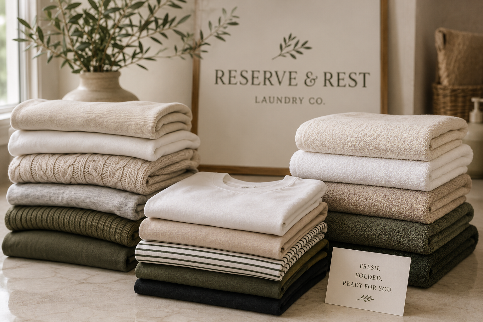 Stacks of neatly folded towels and clothing in neutral tones on a table in a laundry room display, with a sign that reads "RESERVE & REST LAUNDRY CO." in the background and a smaller sign that says "FRESH. FOLDED. READY FOR YOU." in the foreground.