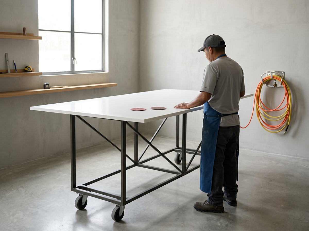 A man working on a large white table in a bright, minimal room with concrete floors and walls, and a window on the left; he wears a grey shirt, blue apron, and a grey cap.