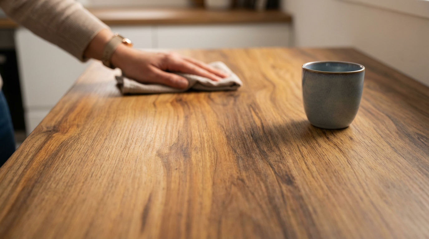 A person is wiping a wooden table with a cloth, and there is a ceramic mug on the table.