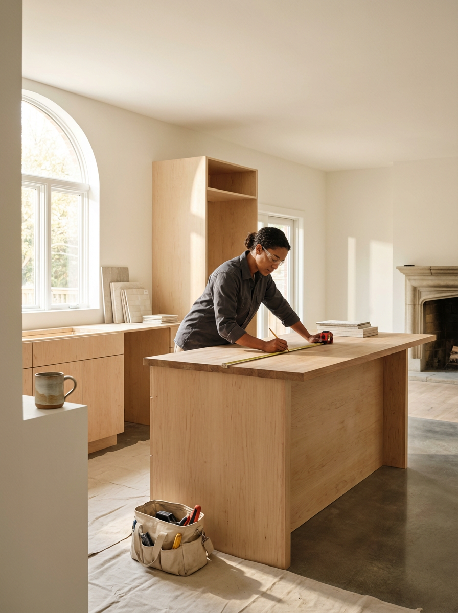 A woman measuring a wooden kitchen island in a bright, minimally furnished room with a fireplace and large arched window.