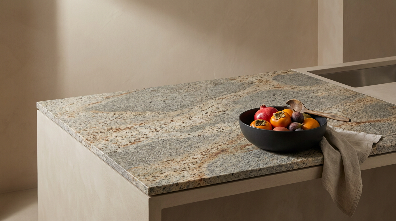 A black bowl filled with various colorful persimmons on a granite countertop, with a wooden spoon resting on the bowl and a beige cloth draped over the edge.