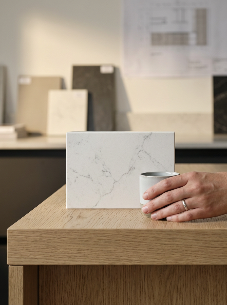 Close-up of a hand holding a white ceramic mug with a marble slab and sample tiles in the background.