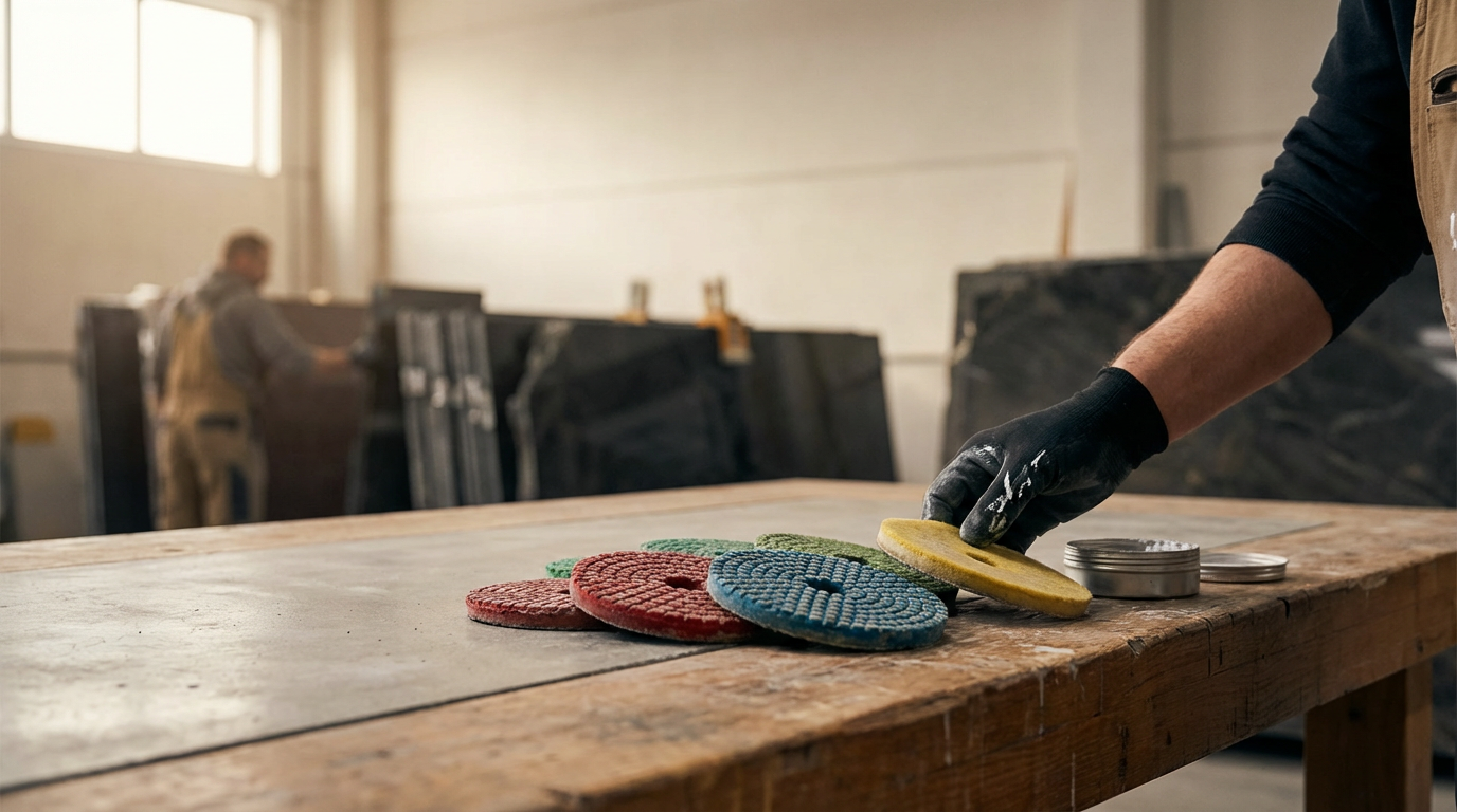 Person wearing black gloves placing colored polishing pads on a wooden workbench in a workshop.
