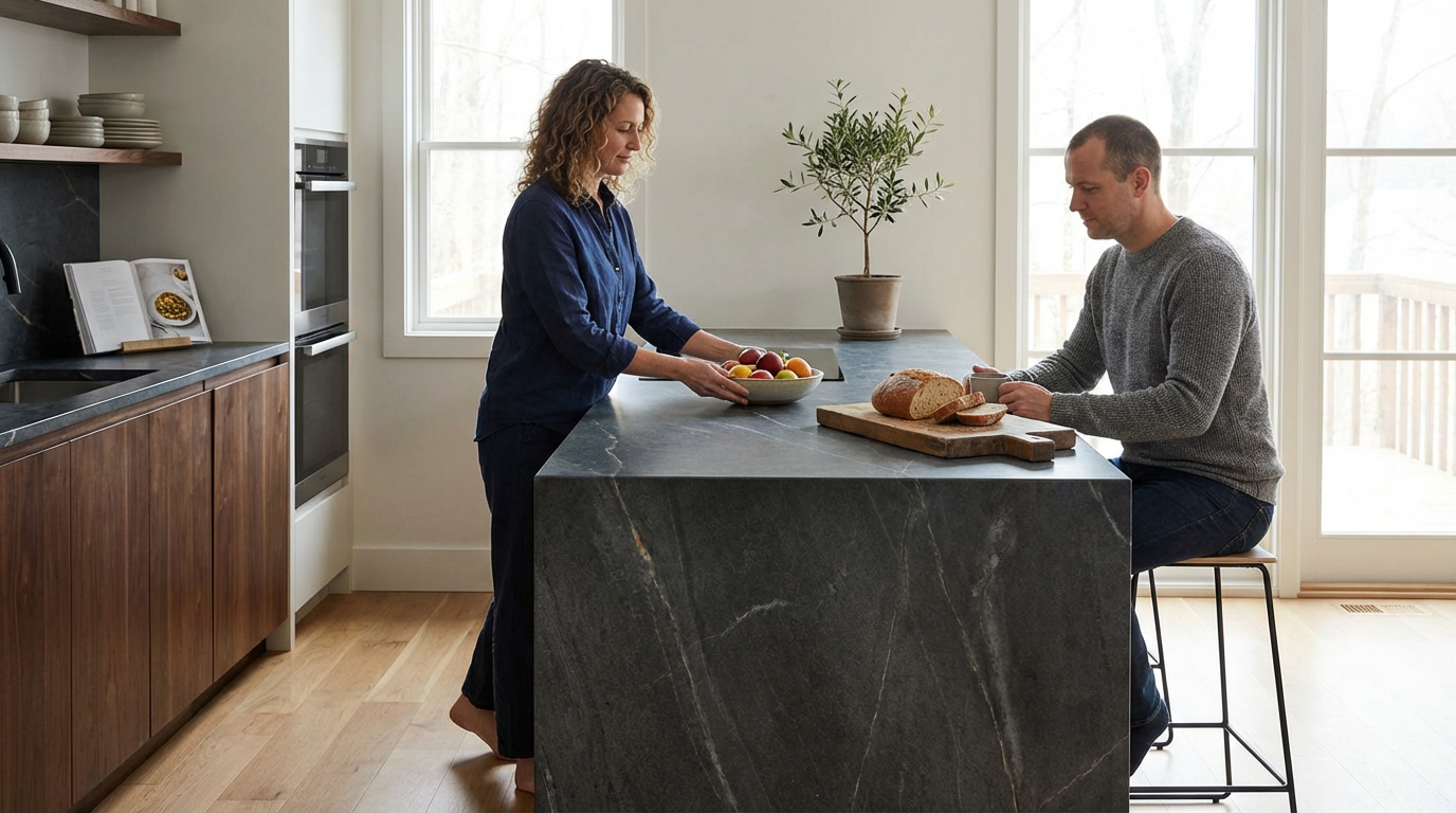 A woman placing a bowl of apples on a kitchen island while a man sitting on a stool looks at his phone, with bread on a cutting board in front of him, in a bright kitchen with large windows.