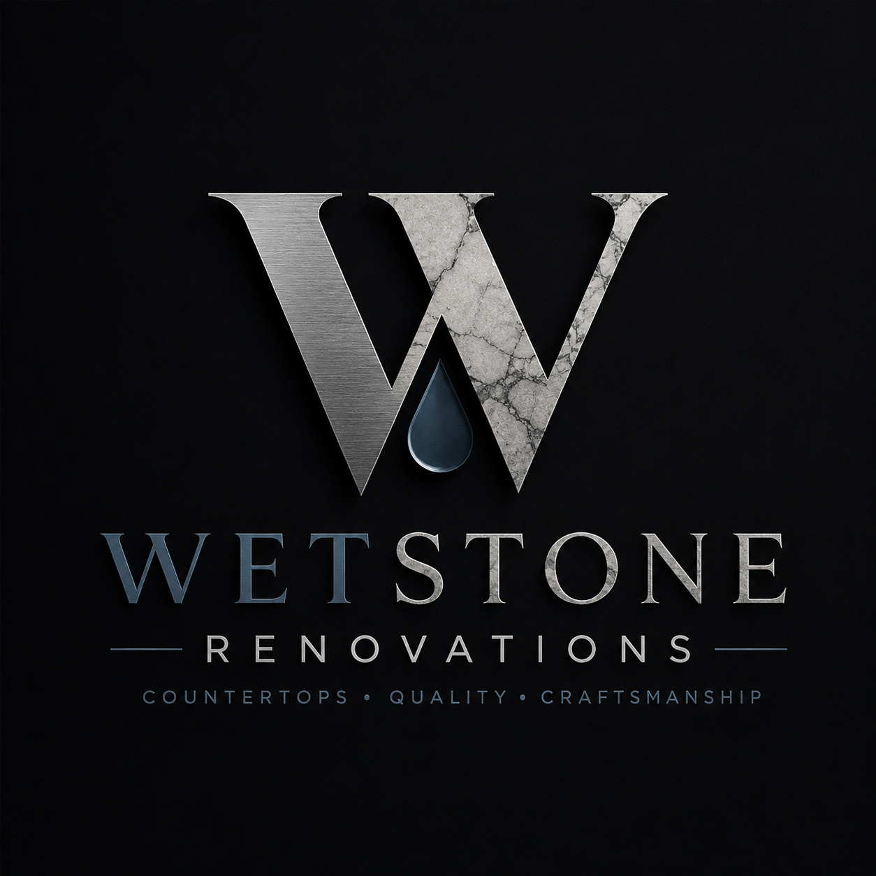 Logo for Wetstone Renovations featuring a stylized 'W' with a marble and metallic design, a water droplet, and text emphasizing countertops, quality, and craftsmanship.