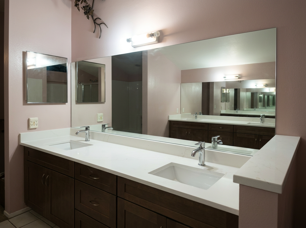 Bathroom vanity with two sinks, dark wood cabinets, large mirror, pink walls, and wall-mounted lights.