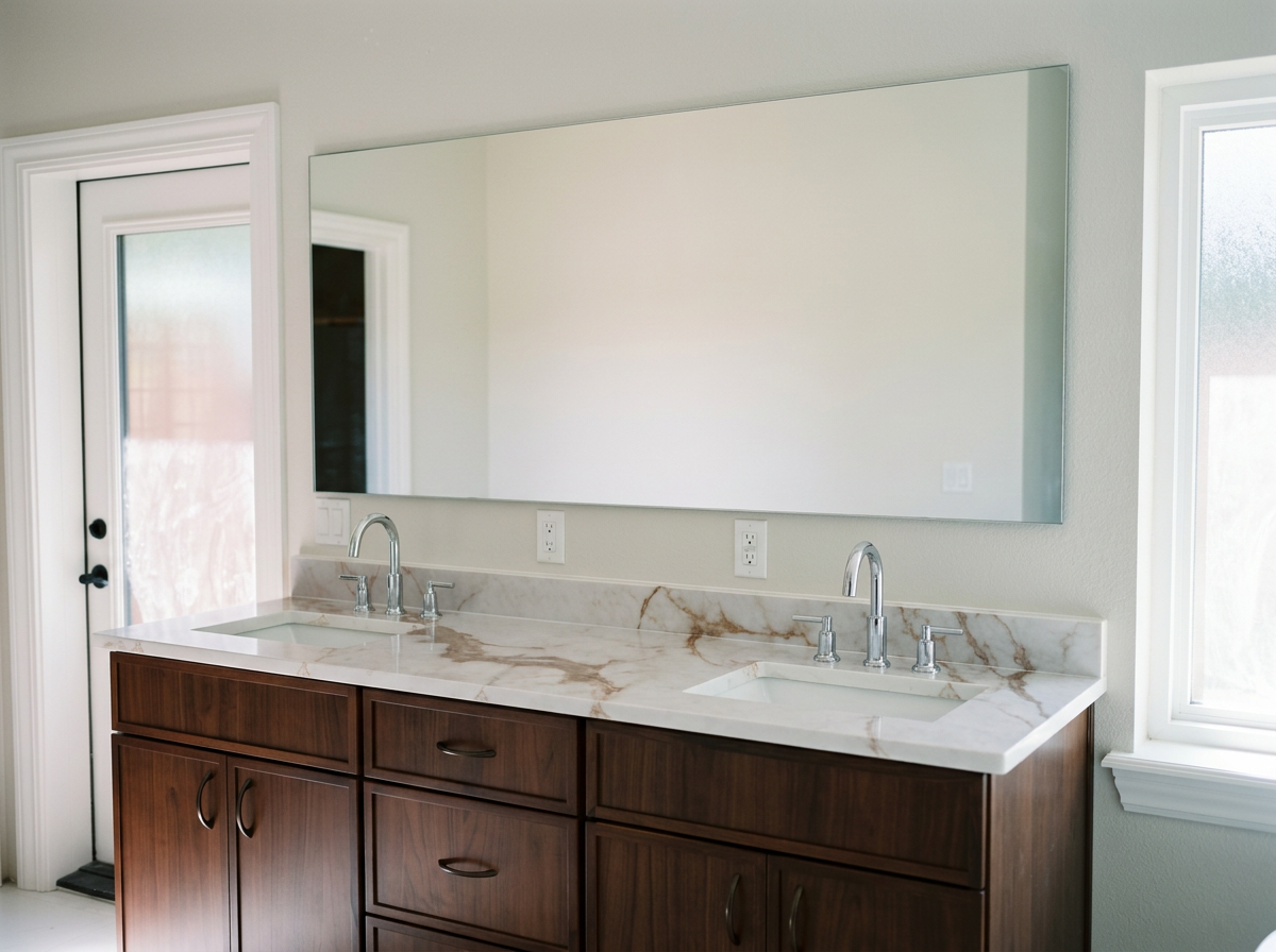 Bathroom with double vanity, marble countertop, wooden cabinets, large wall mirror, two sinks, and two windows letting in natural light.