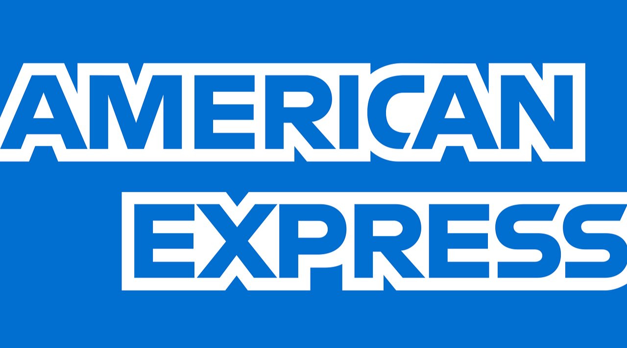 American Express logo with blue background and white bold text.