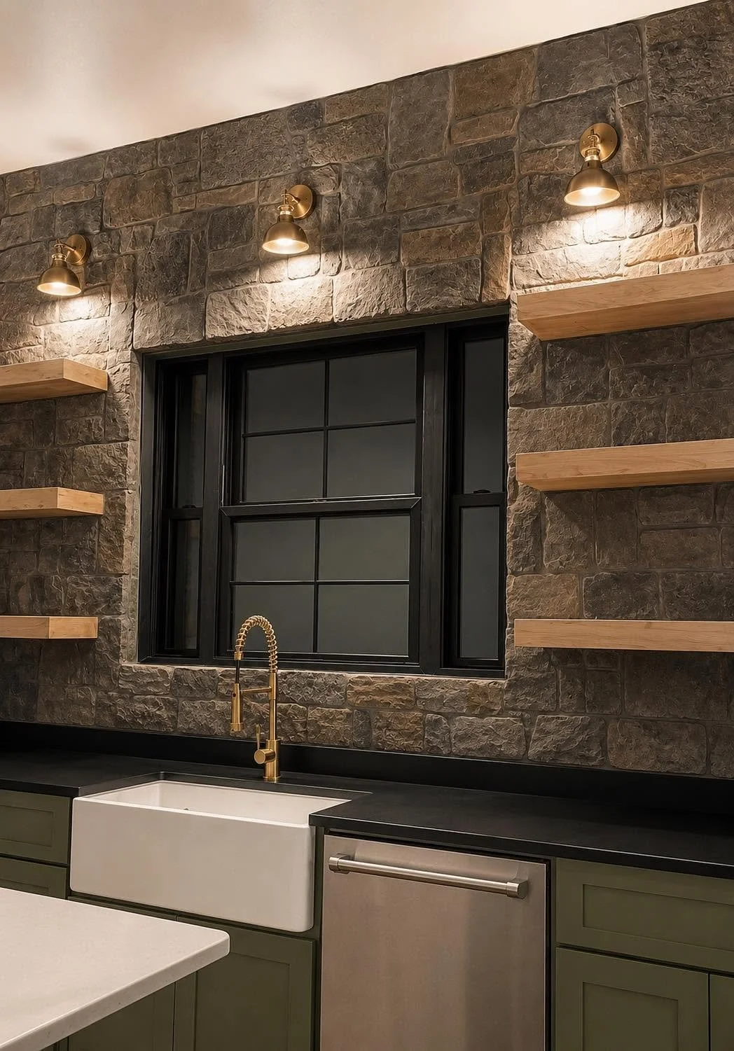 Kitchen with stone wall, black-framed window, brass sink faucet, white farmhouse sink, black countertops, and open wooden shelves.