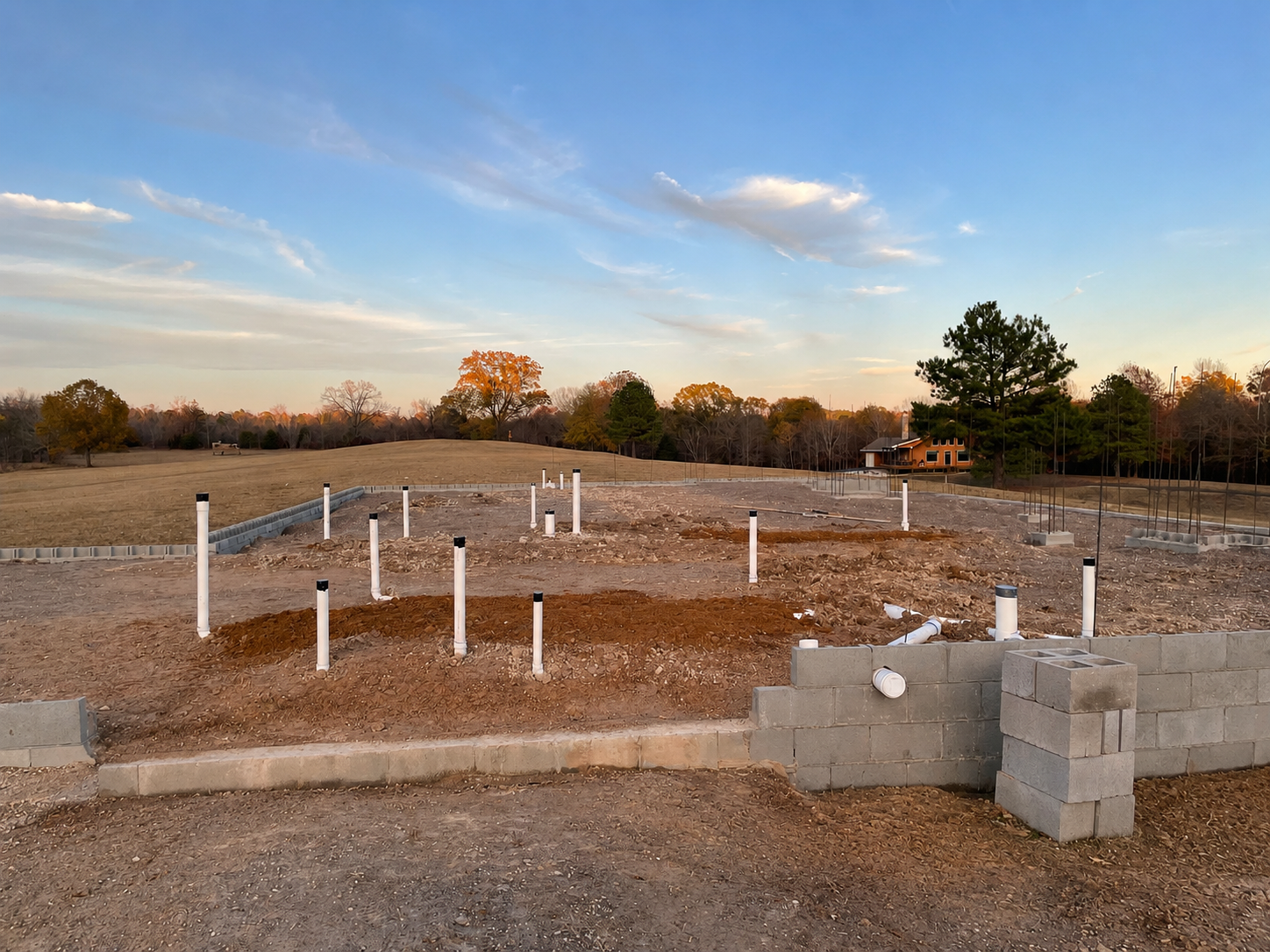 Construction site with exposed pipes, cinder block wall, and dirt ground during sunset, with trees and a house in background.