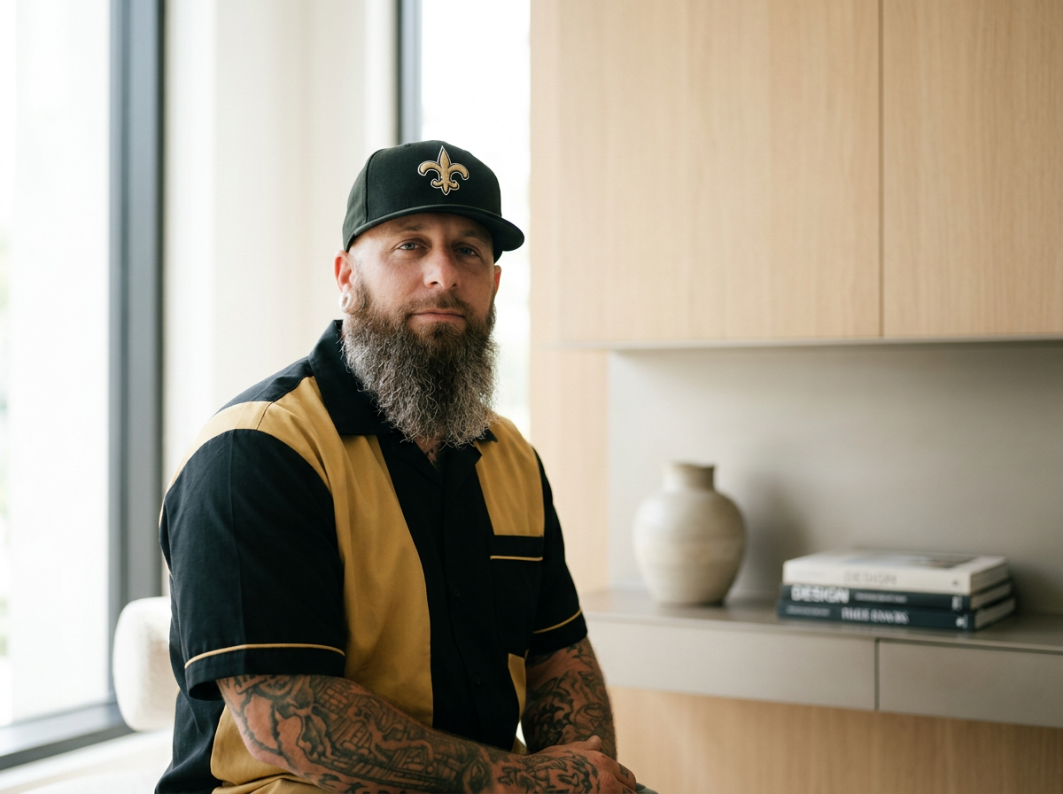 A man with a beard and tattoos wearing a black and gold New Orleans Saints cap and shirt, sitting indoors near a window and a wooden wall shelf with books and a decorative vase.