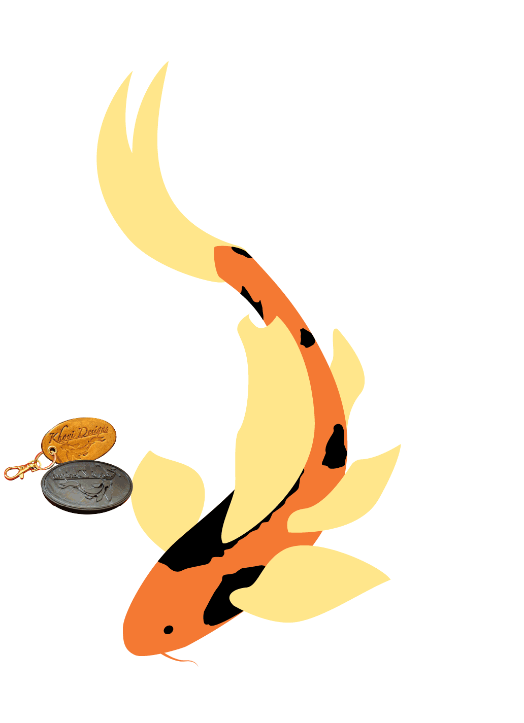 The koi fish from the Khoyi Designs logo is swimming through various products such as business cards, a leather keychain, and coasters.