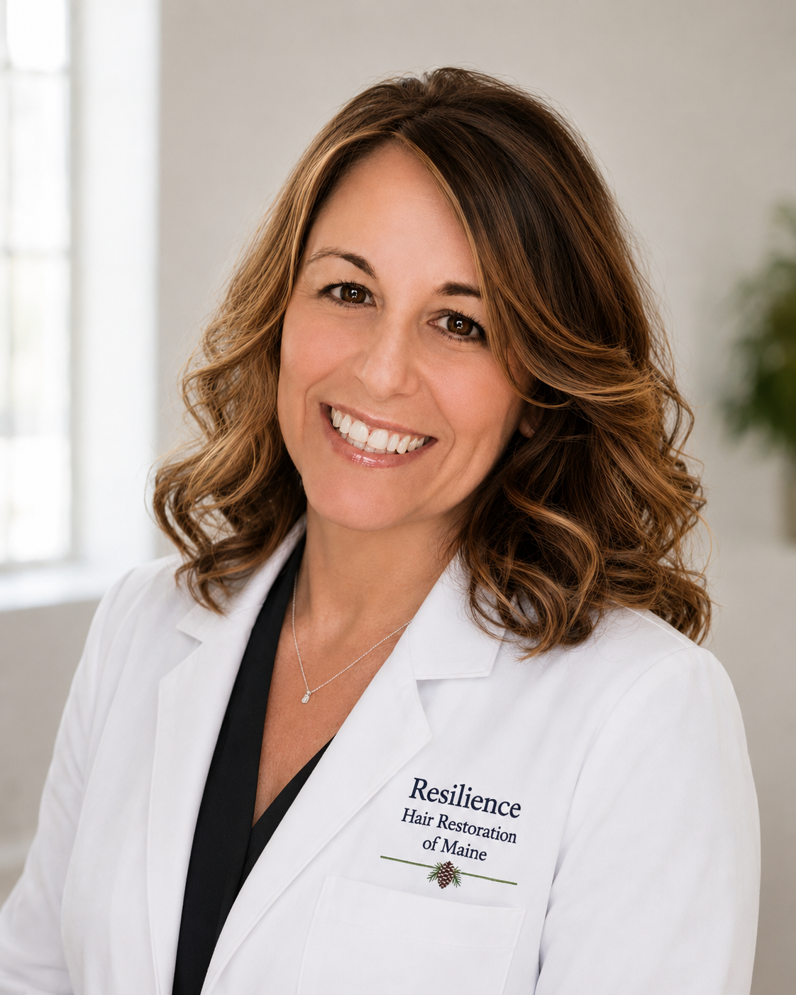 Woman with shoulder-length wavy brown hair smiling in a white coat with 'Resilience Hair Restoration of Maine' embroidered on it, indoors with natural light.